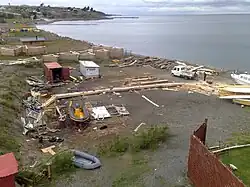 Keel, stem and stern of the 1:1 replica of HMS Beagle ready for installation in Nao Victoria Museum of Punta Arenas