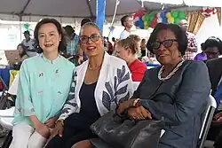 Taiwanese ambassador Fiona Huei-chun Fan, Eloise Gonsalves (wife of Prime Minister Dr. Ralph Gonsalves), and Dougan at the Women’s Empowerment Project Showcase in the Court House Yard, 2024[12]