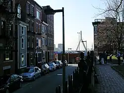 From left to right can be seen the Skinny House, the Leonard P. Zakim Bunker Hill Memorial Bridge, and the Copp's Hill Burying Ground.