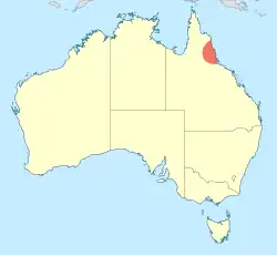 Map showing a restricted distribution in tropical Queensland, Australia