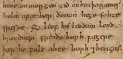 Section of Beowulf in the Nowell Codex (late 10th-early 11th century), showing the rune to represent the word "ēðel"[32]