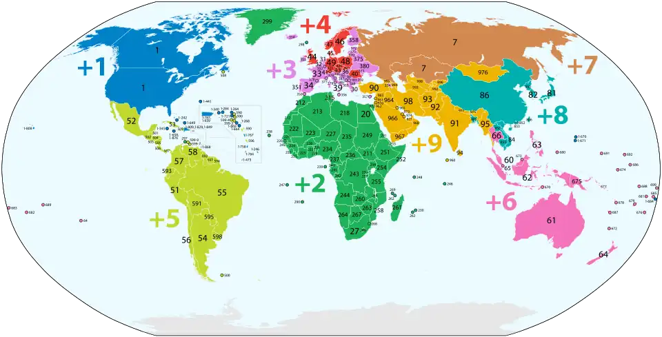 Worldwide distribution of country codes. Regions are coloured by first digit.