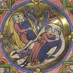 A monk kissing layman and two women embracing as demons lurk about