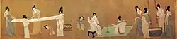 Ladies Preparing Silk; an 8th century Tang dynasty painting by Zhang Xuan copied and reproduced in the Song dynasty; ink and colours on silk; 0.37 x 1.47 m; Museum of Fine Arts (Boston, US)[103]