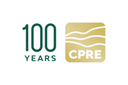 100 years in plain black script having adjacent capitalised letters c, p, r, e as an acronym and three wavy lines in white on pale beige colour background