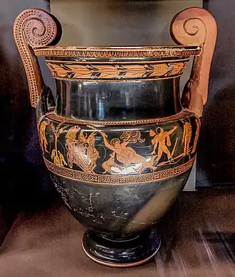 Volute krater that depicts Actaeon's death; circa 450–440 BC; ceramic; height: 51 cm, diameter: 33.1 cm