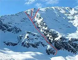 A landscape of a photo of a mountain with a route along minor peaks supperimposed in red.