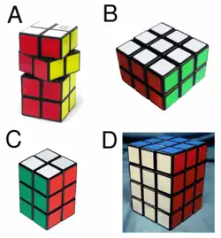 Four different cuboid-shaped combination puzzles