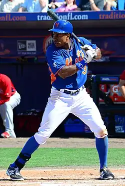 Curtis Granderson in the batter's box in a blue New York Mets uniform