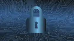 A padlock superimposed over a blue circuit board pattern.