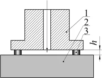 Diagram of a nozzle with a developed surface of the end face (Bernoulli gripping device with a cylindrical nozzle), where 1 - gripper body, 2 - object, and 3 - friction elements.