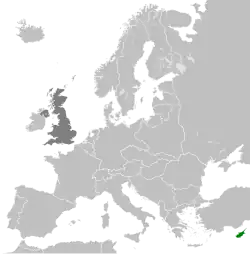 Cyprus in the 1930s, with Cyprus in dark green and the United Kingdom in dark grey