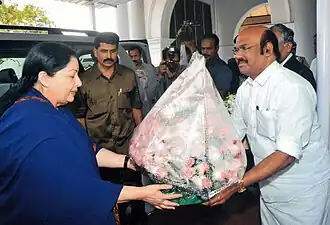 Tamil Nadu Assembly Speaker Jayakumar greets Chief Minister Jayalalithaa, who arrives at the Secretariat in January 2012