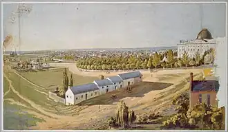 Image 19A portrait of the Mall and vicinity looking northwest from southeast of the U.S. Capitol, circa 1846–1855. Stables are in the foreground, the Washington City Canal behind them, the Capitol on the right and the Smithsonian "Castle", the Washington Monument and the Potomac River in the distant left. (from National Mall)
