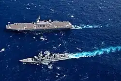 JS Ikazuchi sails with JS&nbsp;Kaga, 15 October 2020.