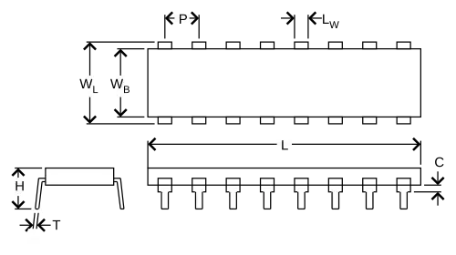 A general through-hole pin chip, with major dimensions.