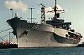 Port bow view of Blue Ridge showing the hurricane bow, CIWS as well as many of the legacy antennas, gun mount and missile launcher, 20 April 1992.