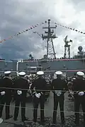 Samuel B. Roberts on the day of her commissioning, 12 April 1986