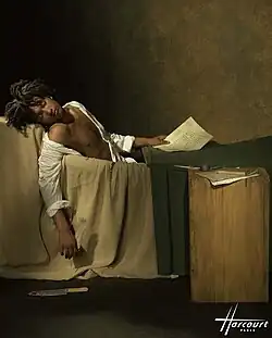 Doc Gynéco in 1997. The photo by Studio Harcourt alludes to the 1793 painting The Death of Marat