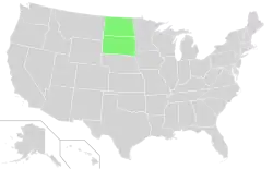 North and South Dakota in light green