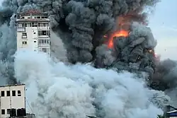 Highrise residential building "Palestine Tower"[29] in Gaza following an Israeli strike during the Gaza war.