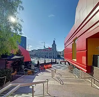 View from Harmony square of the historical Dandenong Town Hall built in 1890, converted to the Drum Theatre in 2006. Overlooking the intersection of Lonsdale and Walker Streets.