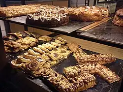 Several types of Danish pastry in a bakery in Denmark