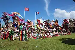 The Assumption feast in front of the palace with the flag of France and flag of Uvea in the background.