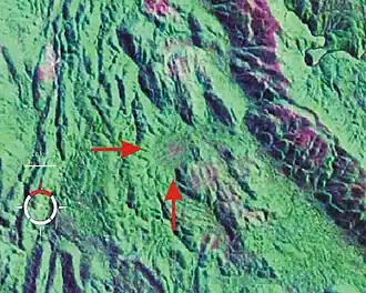 False-colour Landsat image of Darwin Crater (arrowed); screen capture from NASA World Wind