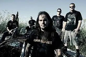 Dawn of Retribution, from left-right: Chris McEwin (guitar), Ben Jackson (bass), Clint Williams (vocals), Michael Vandenberg (drums), Bennett Dunstan (guitar)