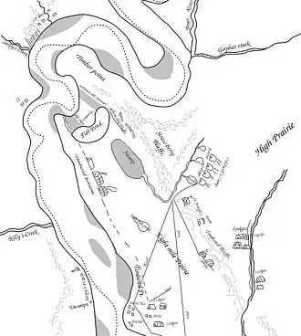 A 1839 map of Council Bluffs showing Native American villages and other American settlements.
