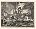 Print of the townsfolk gathering water to douse the flames, 1652-1690, by Jan van der Heyden