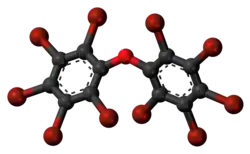 Ball-and-stick model of the decabromodiphenyl ether molecule