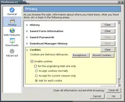 "Privacy: As you browse the web, information about where you have been, what you have done, etc is kept in the following areas." A list with unexpanded expendables is shown with a clear button on the side: "History," "Saved From Information," "Saved Passwords," "Download Manager History." End of list. "Coockies are delicious delicates." Two buttons: "Exceptions," "Stored Cookies." Checked check box: "Enable cookies." unchecked box: "for the orginationg Web site only." Three radio buttons with the last one checked: "Accept cookies normally," "Accept for current session only," "Ask for each cookie." outside the privacy tab: Clear all information stored while browsing: clickable buttons "clear all," "Cancel," "OK."