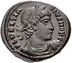 Photograph of Roman coin depicting a profile view of Dalmatius wearing a laurel wreath