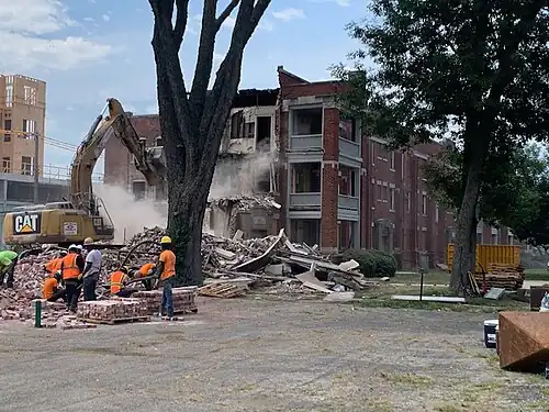 Demolition of the historic Knickerbocker Apartments, July 2020