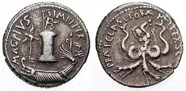 A coin issued by Sextus Pompey, Octavian's rival, depicting a ship and a statue of Neptune on the obverse and the monster Scylla on the reverse