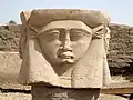 Portrait relief of Hathor. For Hathor and Bat, another bovine goddess, they are unique in that such depictions of them facing the onlooker and not in profile in accordance with the characteristic Egyptian convention are common.