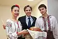 Antony Blinken is welcomed to the Embassy Chisinau community with the offering of traditional Moldovan bread and salt in March 2015.