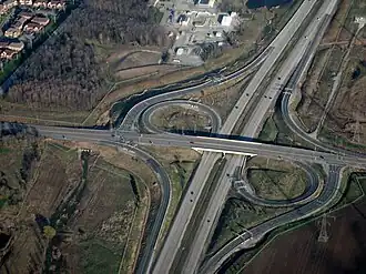 A parclo A4 interchange along Highway&nbsp;407 on the Mississauga / Milton, Ontario, boundary 43°34′17.8″N 79°47′23.6″W﻿ / ﻿43.571611°N 79.789889°W﻿ / 43.571611; -79.789889