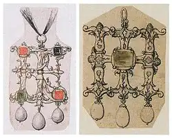 Two ink and watercolour designs for pendant jewelled initials by Hans Holbein the Younger, British Museum