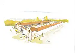 Artist's drawing depicting a long galleried building from an aerial view.