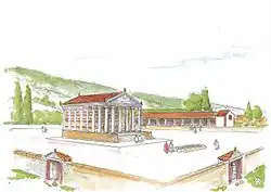 Artist's drawing depicting a colonnaded building with an ancient pediment.