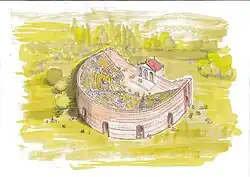 Color artist's drawing depicting an ancient theater from an aerial view.