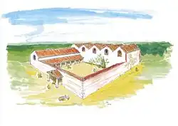 Artist's drawing depicting a group of buildings around a courtyard