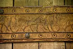 Detail of an embossed scene on bronze plate showing Assyrian war chariots. From a Balawat gate, Iraq, 859–824 BCE. Ancient Orient Museum, Istanbul