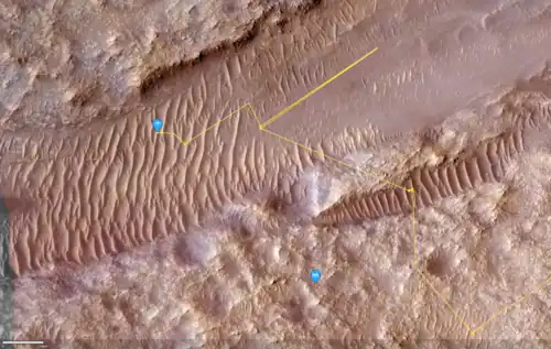 Detail of end of mission location at Airfield&nbsp;Chi (χ), in the dunes of Valinor Hills.[112][111]