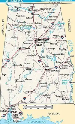 Map Alabama showing major municipalities