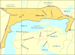 Elbow Lake with the lake and principal roads
