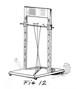 Drawing of a device which includes a base, two uprights, a sliding cross-piece and a fixed cross-piece at the top. The base includes a semi-circular scale with a rotating pointer for measuring angles. The uprights have numbered scales going from 1 at the bottom to 8 at the top, with fractional marks between the numbers; the sliding cross-piece is positioned at position 7. Three strings run between the rotating pointer on the base to the cross-slide, describing a complex spiral shape.